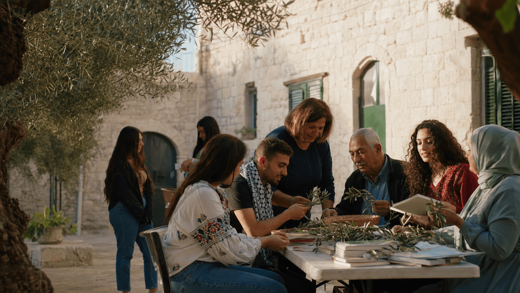 Community members working together around a shared table