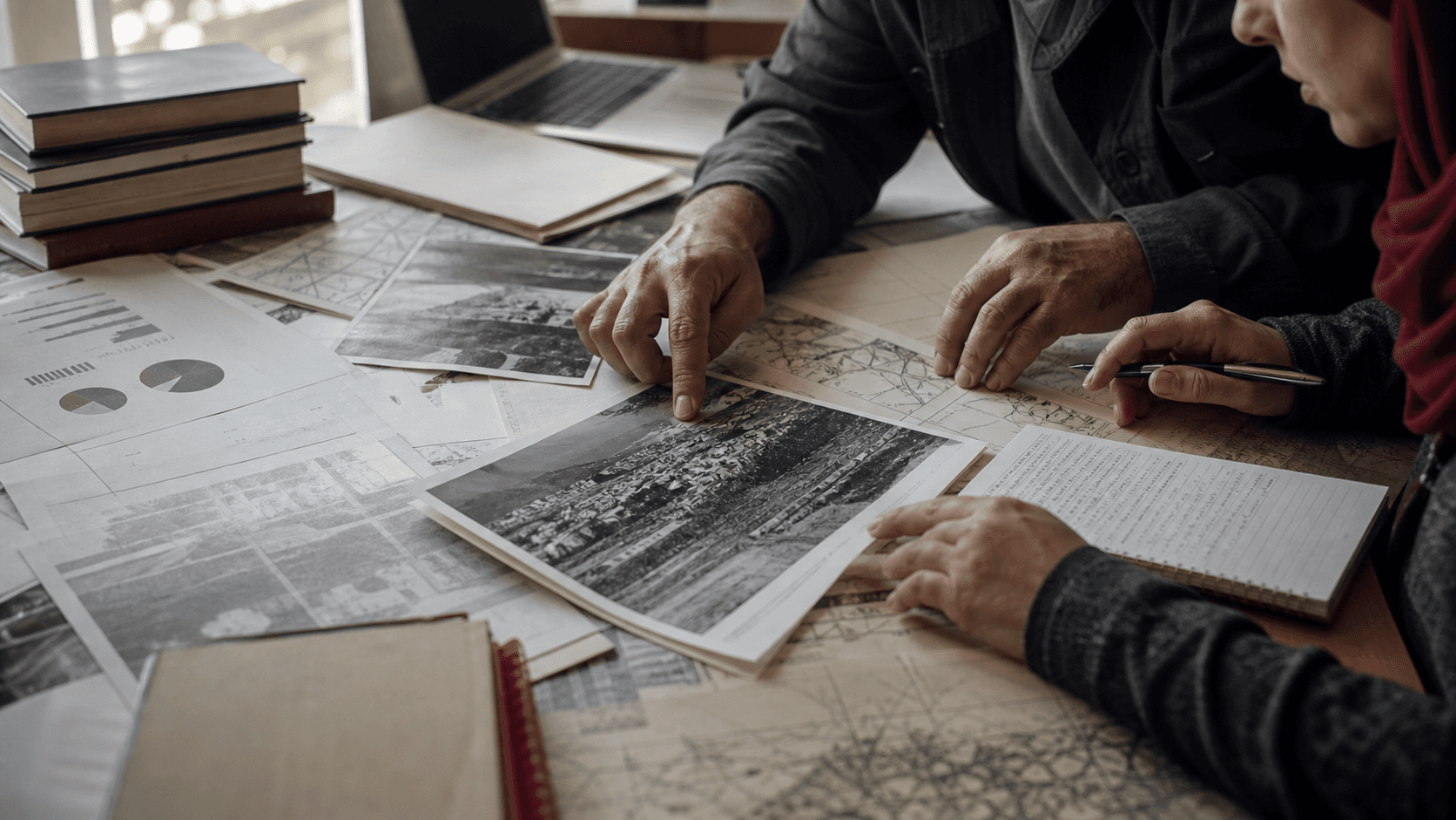 Research reports, charts, and documentation laid out on a desk